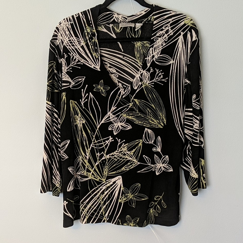 Chico's Travelers blouse, Size 3 Black/Green/white